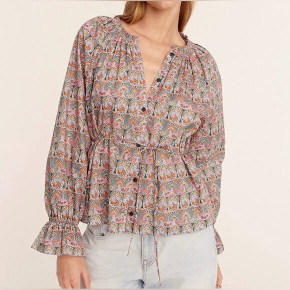 NWT J.CREW Liberty Fabric Tie-Waist Organic Cotton Popover Blouse Giorgia Duke M - Picture 1 of 16